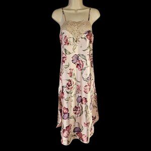 California Dynasty 80s Pink Floral Lace Satin Nightgown Size M Beige Lace Accen